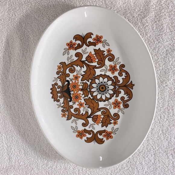 Vintage Cassandra Hostess Tableware MCM Brown Orange Floral Print Oval Platter - Picture 5 of 14